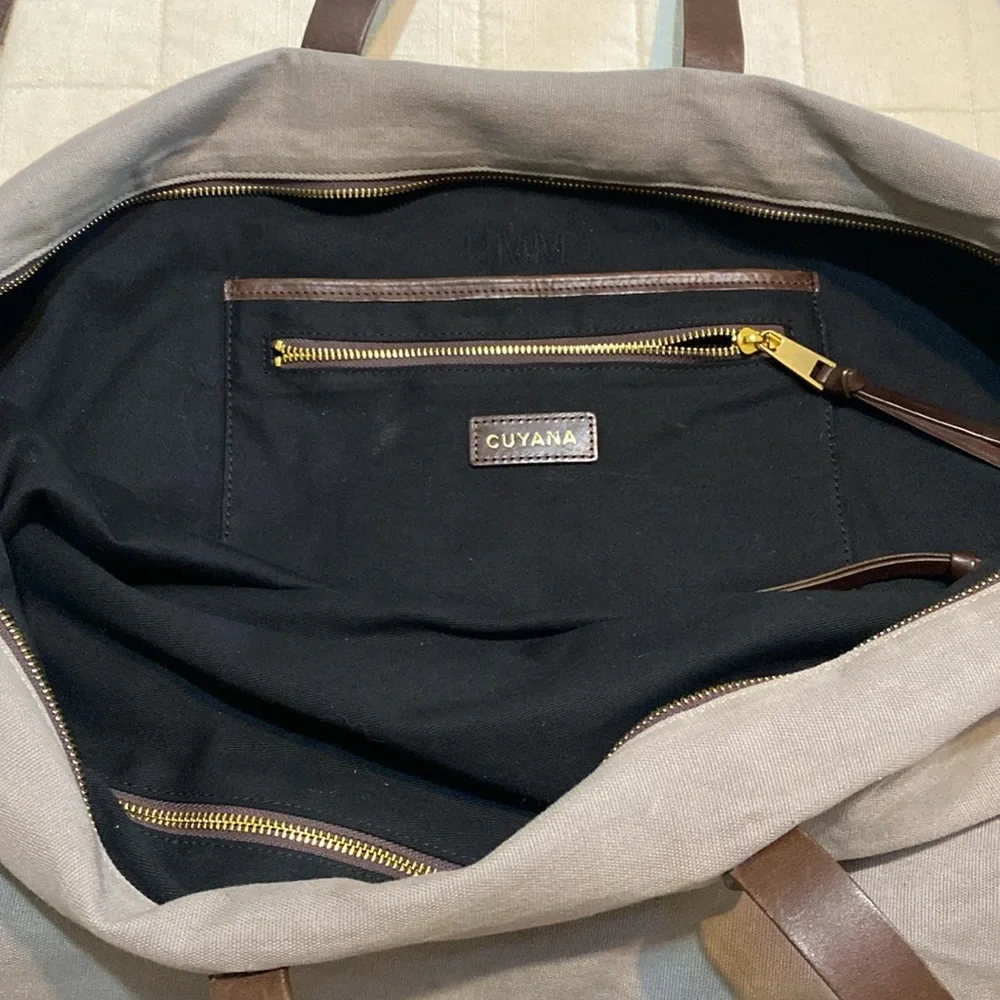 Cuyana Gray Canvas and Brown Leather Overnight Bag